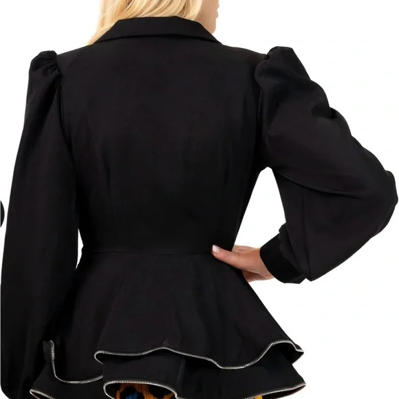 Kate Hewko Zipper Black Ruffle Peplum Blazer Top NWT Medium - Picture 4 of 5